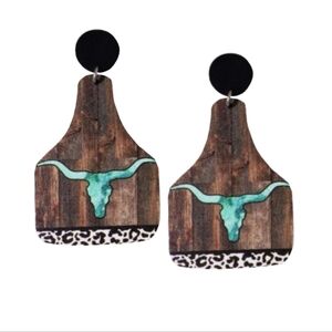 Cattle ear tag longhorn wooden  western earrings